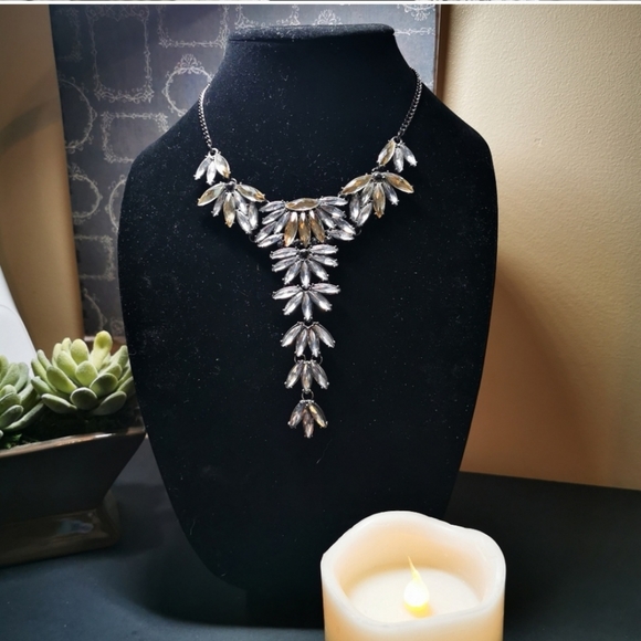 Smokey Gray and Light Amber Rhinestone Long Front Statement Necklace - Picture 6 of 15